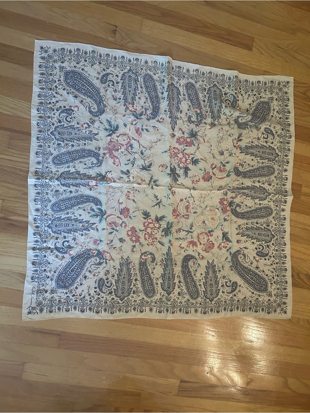 Ralph Lauren Floral Paisley Square Scarf in Cream, Blue & Rose